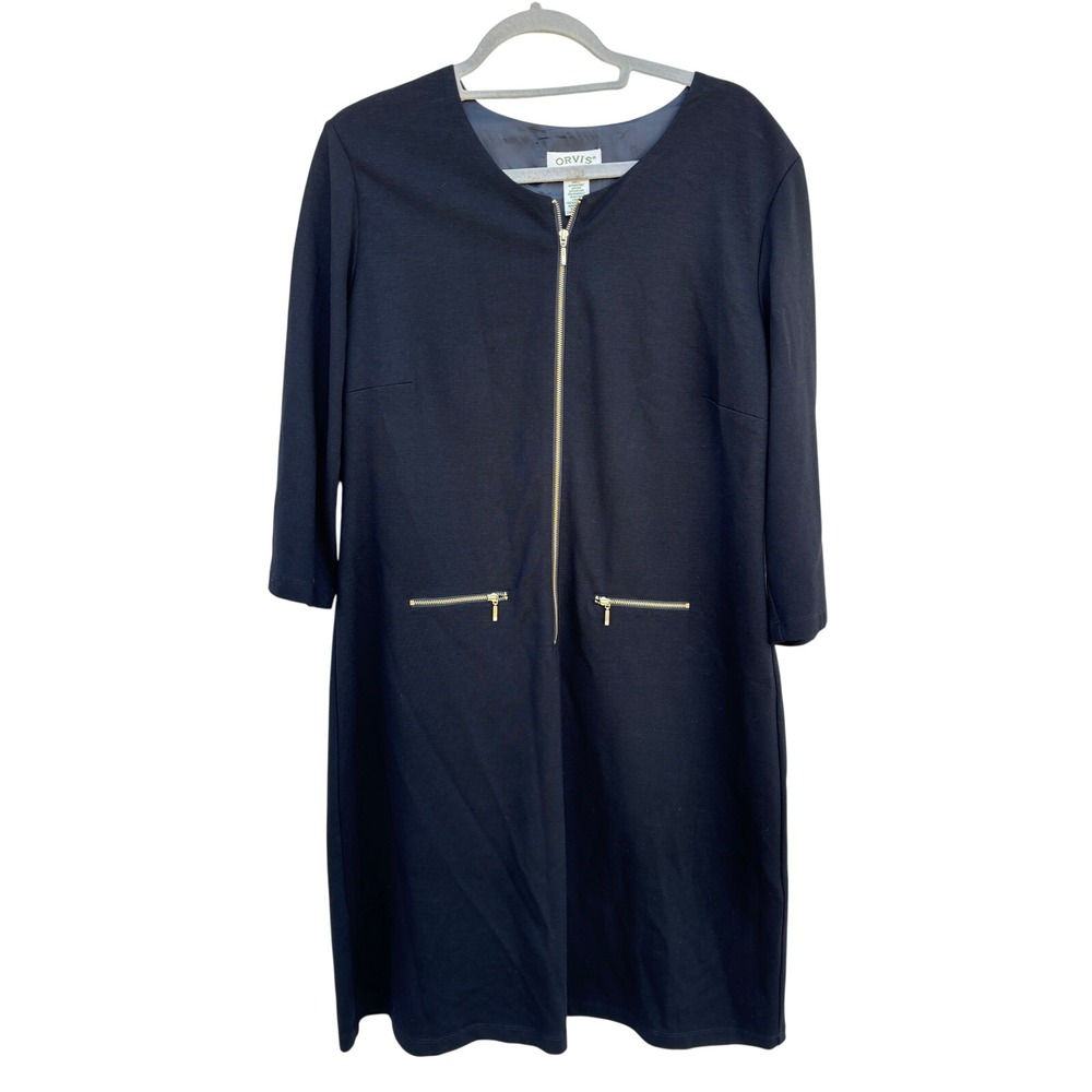 Orvis Womens Black Ponte Knit Front Zip Sheath Dress‎ Gold Hardware Size L 14 16